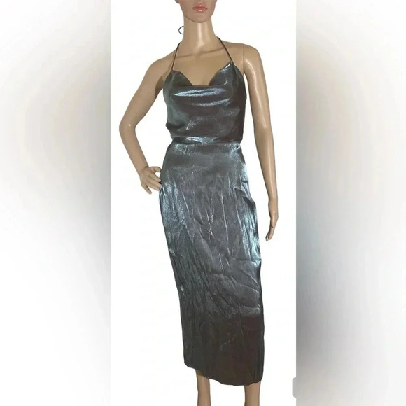 Zara Back Lace Tie Neck Blue Metallic Dress Womens Size XS Midi W/Side Zip EUC! - Picture 1 of 10